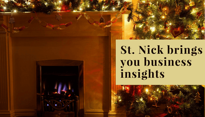 Christmas scene next to the text "St. Nick brings you business insights"