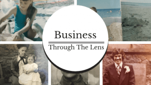 Old family photographs of holidays and special occasions. Circle like camera lens reads Business Through the Lens