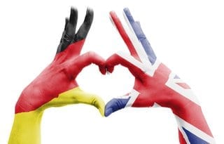 Hands painted in German and English flags joined together to make a heart